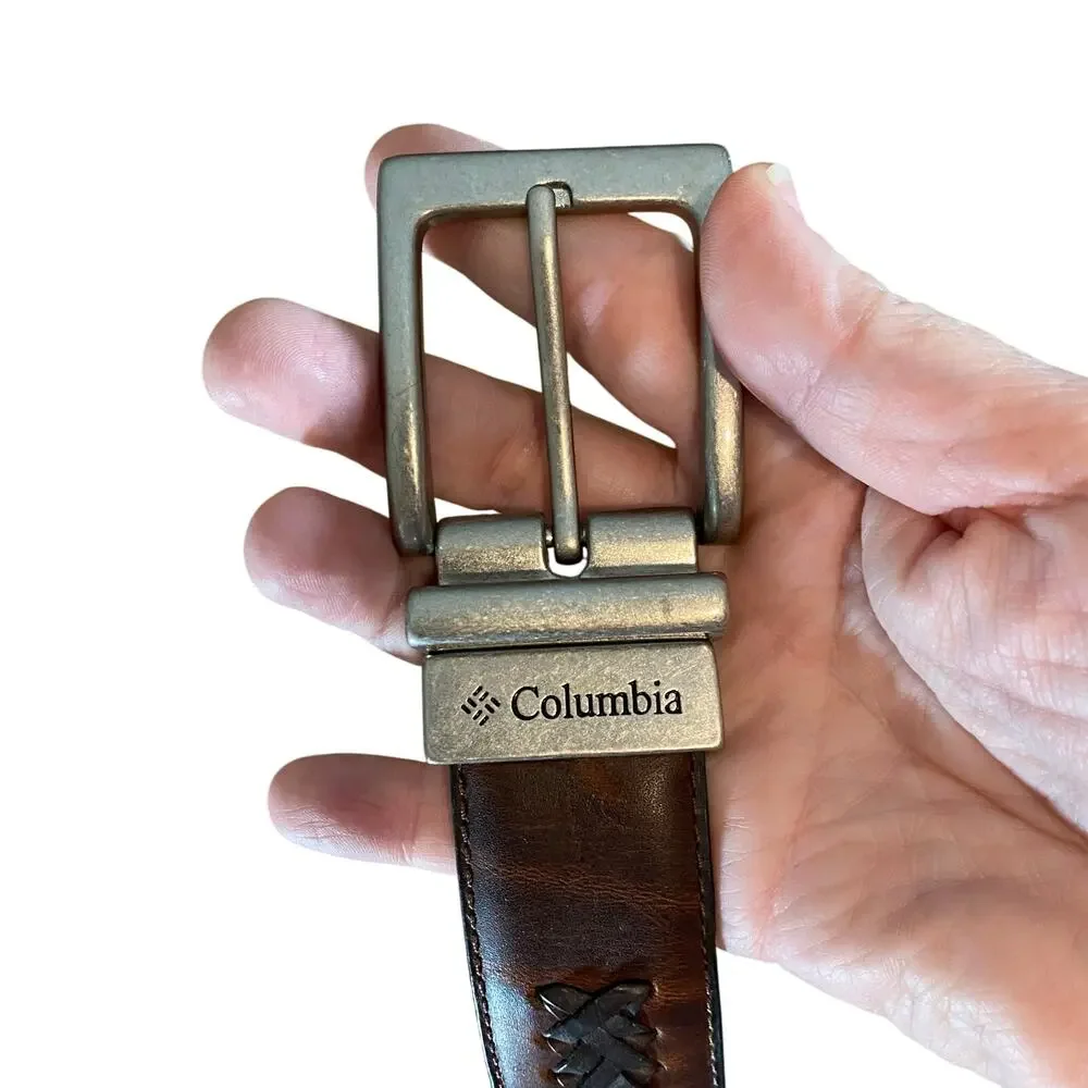 Columbia Brown Black Woven Leather Belt Antique Silver Buckle Men’s 44/110